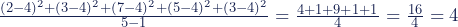 \frac{(2-4)^2+(3-4)^2+(7-4)^2+(5-4)^2+(3-4)^2} {5-1}=\frac{4+1+9+1+1} {4}=\frac{16} {4}=4